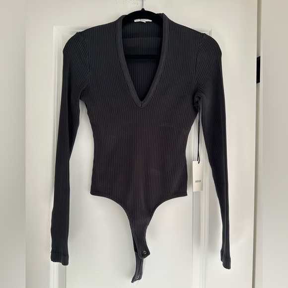 Agolde Tavi Deep V Thong Body Suit - Dark Grey - Size Small - Picture 1 of 5